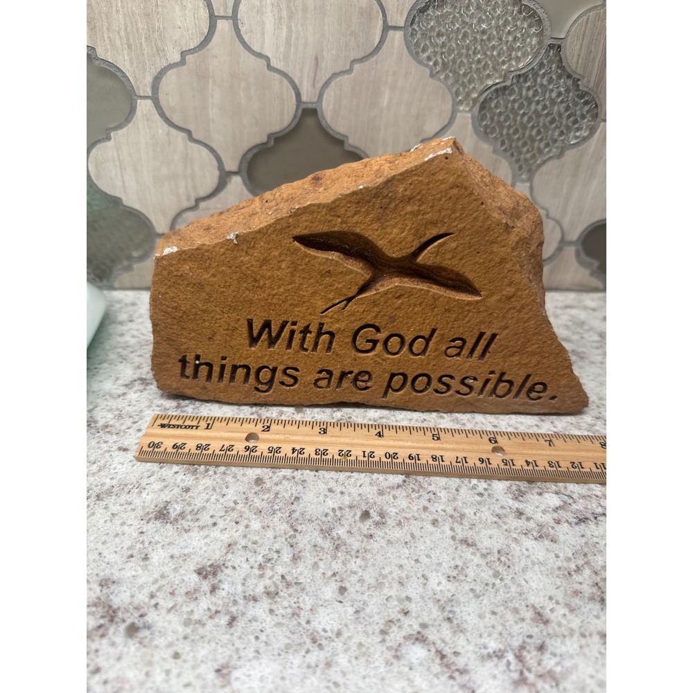 Religious Engraved Stone With God All Things Are Possible Bird Natural Rock Deco